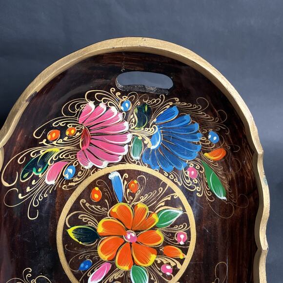 Vintage Mexican Batea Tray – Hand-Painted Wood Folk Art  Floral Serving Dish VTG - Picture 7 of 14